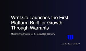 Hero image for Wrnt.Co’s product launch showing the headline ‘Wrnt.Co Launches the First Platform Built for Growth Through Warrants’ on a dark gradient background with the Wrnt blue logo.