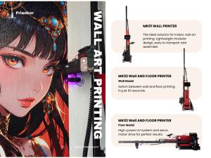 Friankor, a leading Chinese manufacturer of industrial wall printing machine, continues to strengthen its position in the global market with its proven lineup of vertical wall printers: MK01 and MK02 and the upcoming MK03 Zero-Edge Wall Printer, designed to achieve seamless borderless printing Friankor-mk01-and-mk02-wall-printer