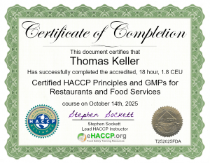 HACCP certificate for restaurant