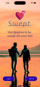 Swept Dating Launches as the First Dating App That Fights Ghosting, Catfishing, and Shallow Matches 14 Smartphone screenshot of Swept Dating app welcome screen: sunset beach with silhouetted couple holding hands; app logo with three pink hearts and 'Swept DATING™' text; tagline 'You deserve to be swept off your feet'; purple 'Login' and 'Sign up' buttons.