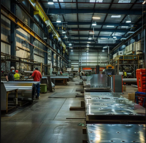 Interior of a large industrial sheet metal fabrication facility with workers operating machinery, metal sheets on worktables, and overhead lighting illuminating the spacious production floor.