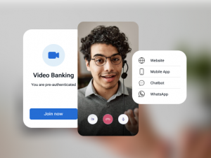 Customer speaking with a bank representative on a live video call, demonstrating pre-authenticated video banking and omni-channel connection via website, mobile app, chatbot, and WhatsApp.