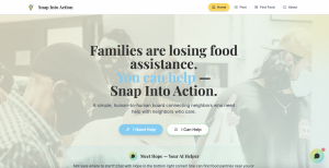 Screenshot of SnapIntoAction.com homepage showing neighbors connecting to share food and essentials as families lose SNAP benefits.