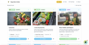 Husband and Wife Launch 'Snap Into Action' — A National Platform Tackling Food Insecurity as SNAP Benefits Tighten 14 Screenshot of Snap Into Action listings showing neighbors offering groceries and baby supplies to families affected by food insecurity and reduced SNAP benefits.