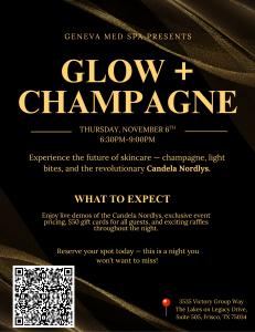 Geneva Med Spa invites guests to an exclusive evening of beauty, innovation, and celebration at its Glow + Champagne event on Thursday, November 6th, from 6:30 PM to 9:00 PM CST