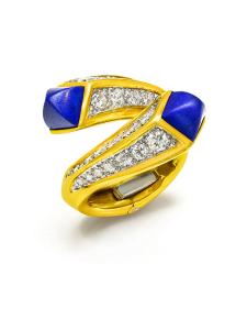 Fine 18K Gold Bypass Ring with Diamonds and Lapis