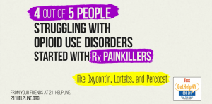 Image of statistic saying that 4 out of 5 People Struggling with Addiction Started with Pain Killers - message from The Institute for Human Services PSA Campaign