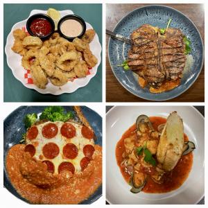 Steak, calamari, parm, seafood