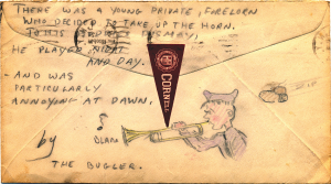 an old envelope from 1944 with a cartoon of a soldier playing the bugle