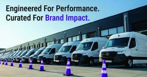 A row of white Mercedes-Benz fleet vans parked outside a modern warehouse with purple JBC traffic cones lined up in front. Text reads Engineered For Performance. Curated For Brand Impact.
