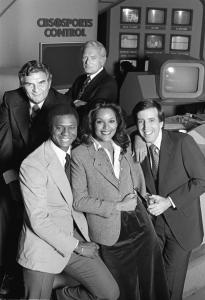 CBS NFL Today in the 70s: Bottom row (l-r) Irv Cross, Jayne Kennedy and Brent Musburger. Top: (l-r) Jimmy the Greek and Jack Whitaker.