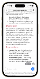 a screenshot of Lomar Dictionary with expert mode on showing the etymology of rare earth minerals