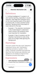 a screenshot of an iphone with the definition of Attention Mechanism from the Lomar Dictionary
