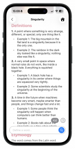 A screenshot of the Lomar Dictionary of the word Singularity in children mode
