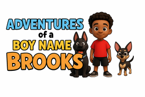 Logo of the Adventures of a Boy Named Brooks children’s book series by Heather Broner. The books feature a smiling young boy named Brooks and his two dogs, Peanut and Leti as the main characters. The series reflects themes of black history, leadership, ki