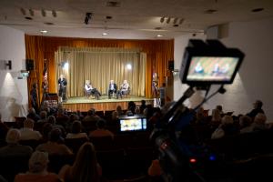 A behind-the-scenes photo from the taping of “From the Center of the West: A Conversation with Authors Dr. Paul Hutton and Peter Cozzens.” Wyoming PBS photo