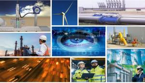 Industrial scene showing MODCON analyzers and offices representing innovation in process analysis and refinery AI control.