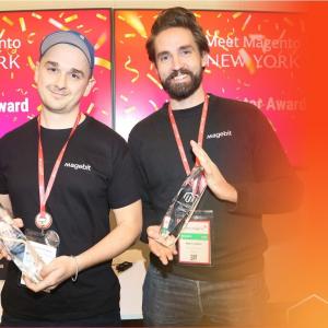 Magebit, a Commerce Specialized Adobe Solution Partner, has won two of the most prestigious Ecommerce Excellence Awards at Meet Magento NYC 2025: the Innovator Award for its Aubuchon Hardware “Color Configurator" tool and the "World Traveler" Award for Hydro Flask Kristaps Rjabovs and Nigel Leadbitter from Magebit with two awards in Meet Magento NYC 2025