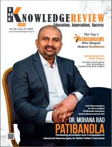 Dr. Mohana Rao Patibandla, best neurosurgeon in Guntur, on The Knowledge Review magazine cover 2025, recognized among the Top 5 Neurosurgeons shaping modern healthcare with innovation and compassion.