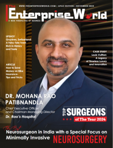 Dr. Mohana Rao Patibandla, best neurosurgeon in Guntur and CEO of Dr. Rao’s Hospital, on The Enterprise World magazine cover as Top Surgeon of the Year 2024 for excellence in minimally invasive neurosurgery.