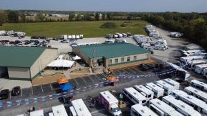 Stellhorn RV & Camping Center Earns National Recognition with Silver Davey Awards 7 View of Stellhorn RV & Camping Center sales building, lot, inventory, and service bays from drone.