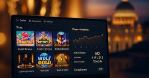 The iGaming industry is entering a new era—one driven by transparency, innovation, and responsible growth Realistic iGaming dashboard UI showing player analytics and casino slots with Rome Cavalieri event backdrop at the EGR Italy Awards 2025.