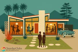 Clearday (CLRD:OTCPINK) is excited to announce its participation as a Gold Level Sponsor of the first-ever Senior Expo (Thrive after 55+) in New Braunfels, Texas A mid-century modern illustration of a house with people socializing inside and a couple standing outside in the front yard. A vintage blue car is parked on the right.