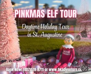 Following strong early demand, Pink Culture’s new Pinkmas Elf Tour is quickly becoming one of the most popular family-friendly activities of the 2025 Nights of Lights season Pinkmas Elf in St. Augustine, Florida waiting to be found!