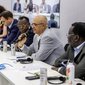 Yemen's Minister of Water and Environment, Mr. Tawfiq Al-Sharjabi, speaking at a COP30 event launching the statement of the IEACF Network. Credit: Joel Sheakoski / ODI Global