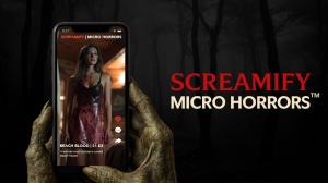 Screamify, the premier independent horror streaming platform A smartphone held by a monster-like hand displaying a vertical horror scene of a blood-covered woman from Screamify’s Micro Horrors™ series; dark forest background with the Screamify Micro Horrors™ logo on the right.
