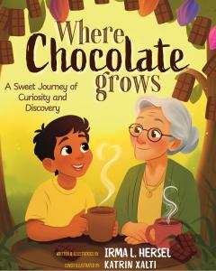 Front cover of the bilingual children’s book Where Chocolate Grows by Irma Hersel.