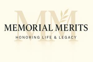 Memorial Merits company logo with tagline Honoring Life and Legacy, featuring elegant serif typography and olive branch design element