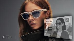 Woman wearing Ray‑Ban Meta smart glasses with a visual overlay of the glasses translating speech from German to English.