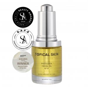 TOPICAL SKIN, the internationally recognized American clean dermaceutical brand, is proud to announce that its Phyto AOX Facial Oil N°10 has been recently awarded Skincare Product of the Year at the prestigious Beautyworld Middle East Awards 2025 The Award-Winning Phyto AOX Facial Oil N°10 with Exposome Defense Technology from TOPICAL SKIN clean dermaceuticals. The photo shows the facial oil in a glass packaging with a push dropper and award seals to its side.
