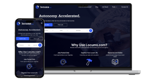Desktop and mobile mockup of the Locums.com homepage, showing job search, provider resources, recruiter resources, and tools built to help locum tenens providers manage their work more easily.