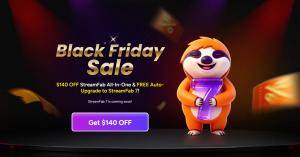 Promotional graphic showing the new StreamFab 7 interface with a dark, modern layout, pinned streaming services on the “My Service” home screen, and highlighted Black Friday offers such as $140 off StreamFab 6 with a free upgrade to StreamFab 7 and the St