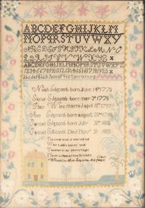 Silk on linen needlework, Edgcomb family register, worked by Ann Edgcomb, 1807. Estimate: $3,000-$5,000