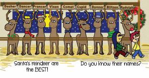 Open book spread showing Santa’s reindeer standing in stalls with name plaques and story text across both pages.