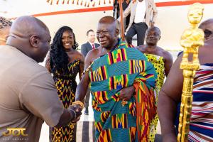 His Royal Majesty Otumfuo Osei Tutu II, the Asantehene of Ghana, arrives at Grantley Adams International Airport on GUBA Enterprise's historic charter flight, the first-ever private sector flight connecting Accra, Ghana to Bridgetown, Barbados.