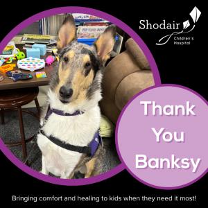 Graphic saying “Thank You Banksy” highlighting the facility dog’s support for students at C.R. Anderson.