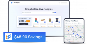 CartHappy platform interface showing real-time price comparison for grocery items across multiple local stores with savings calculations