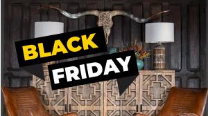 Black Friday graphic displayed over a Western-inspired room with a carved wooden sideboard, longhorn wall art, matching table lamps, leather accent chairs, and warm Southwestern decor.