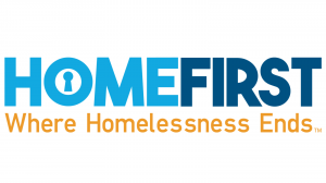 Logo for HomeFirst that is blue and yellow with a keyhole in the 
