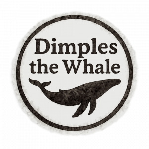 Dimples the Whale™ logo with a black humpback whale silhouette centered inside a round watercolor-style emblem.
