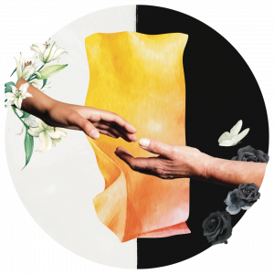 Two hands reaching, surrounded by lilies and black roses with a black, white and yellow background