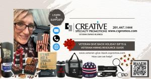 Stacey M. Gordon, Creative Specialty Promotions’ Director of Veteran & Military Programs, holding a Veteran Give Back Holiday Gift Collection item, surrounded by other gifts and a visible QR code linking to the free Veteran Hiring Resource Guide for Corpo