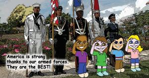 Four children standing and saluting in front of five military service members holding American flags in a bright, patriotic park setting from the book’s illustrated pages.