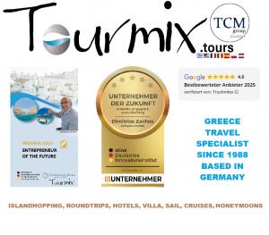 Tourmix Tours was named 'Entrepreneur of the Future' in 2025 and awarded as the best-rated provider. With a focus on quality, sustainability, and authenticity, we offer tailor-made trips to Greece.