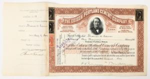 When Holabird Western Americana Collections, LLC held its Fred Holabird’s Grand Finale auction from October 31st thru November 4th, it was supposed to signal the end of the line for the company founder and president before he officially sailed off into retirement Edison Portland Cement Company stock certificate #21, issued in 1899 to Thomas Edison for 1,000 shares and signed twice by Edison (on the certificate and the attached stub). Estimate: $1,500-$2,500.