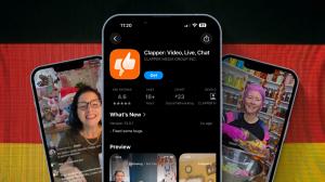 A promotional image showing the Clapper app’s App Store page on a centered smartphone screen, displaying its orange logo, 4.6-star rating, and “Get” button. On each side, additional phones show German-speaking creators livestreaming—one presenting holiday